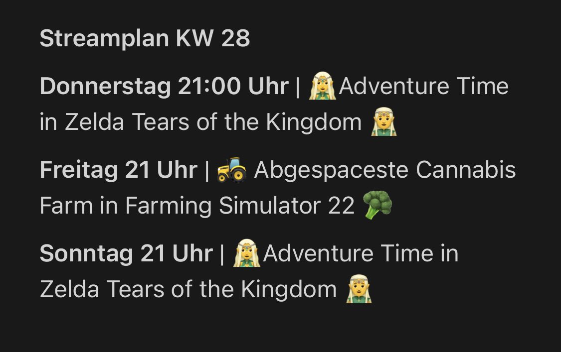 📢 Der Streamplan der Woche ist da 😎! Freue mich darauf, euch in Hyrule oder im Cannabis Imperium zu treffen. Schaut rein auf twitch.tv/Blckxsepia und lasst uns gemeinsam zocken! 🎮 #TwitchStreamer #TwitchDE #ChillStream