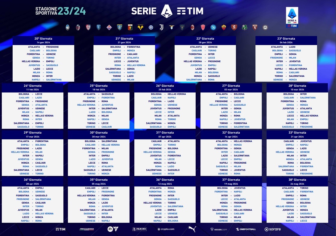 Serie A 2023/24 ⚽️🇮🇹 

Se realizó el sorteo del fixture de la máxima categoría del calcio italiano.

#seriea #calcio #football #soccer #serieatim #juventus #inter #italia #acmilan #calciomercato #italy #milan #napoli #futbol #juve #asroma #roma #calcioitaliano #fantacalcio #lazio