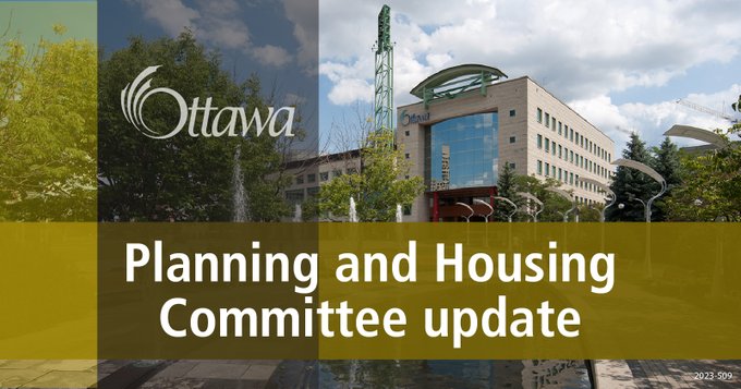A graphic with Ottawa City Hall is in the background. A vertical grey stripe and a horizontal yellow stripe are in the foreground with "Planning and Housing Committee update" in the centre.