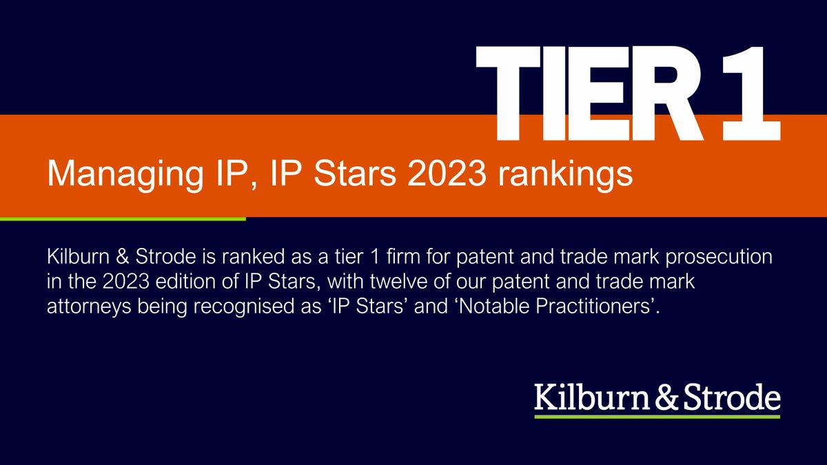 We have been ranked as a tier 1 firm for patent and trade mark prosecution in the 2023 edition of <a href="/ManagingIP/">Managing IP</a>'s IP Stars. We are delighted to see that twelve of our patent and trade mark attorneys were recognised as ‘IP Stars’ and ‘Notable Practitioners’. kilburnstrode.com/knowledge/euro…