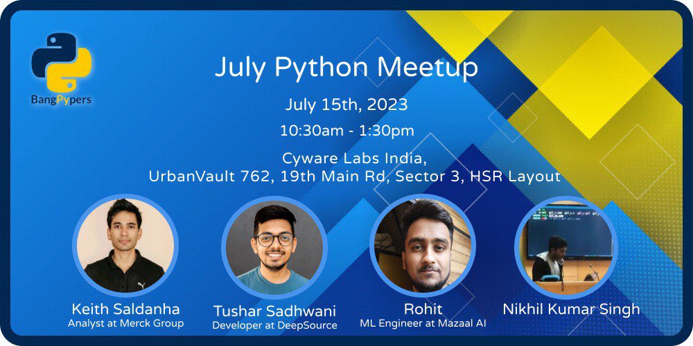 __bangpypers__'s tweet photo. Hello 👋🏼 pythonistas

Join us in coming weekend for our #July #Python #Meetup with 4 exciting talks.

RSVP: https://t.co/8MZ37zUPZj
And invite your python developers friends and learners. ✨

See you at the event 🐍 https://t.co/ND0IUJ5UZ0