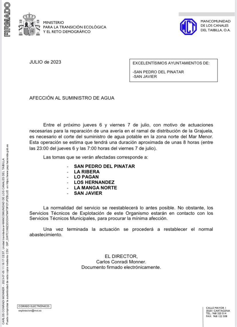 Ayto_SanJavier's tweet photo. ⚠️Aviso corte suministro agua potable https://t.co/cjAP7plHXA