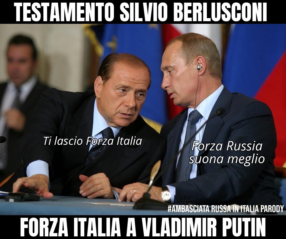 🇷🇺 🇮🇹 Testamento Silvio Berlusconi, Forza Italia andrà a Vladimir Putin. Assicurata la continuità della linea politica del partito. Ipotesi cambio di nome.
#naziRussia #LuttoNazionale #ForzaItalia