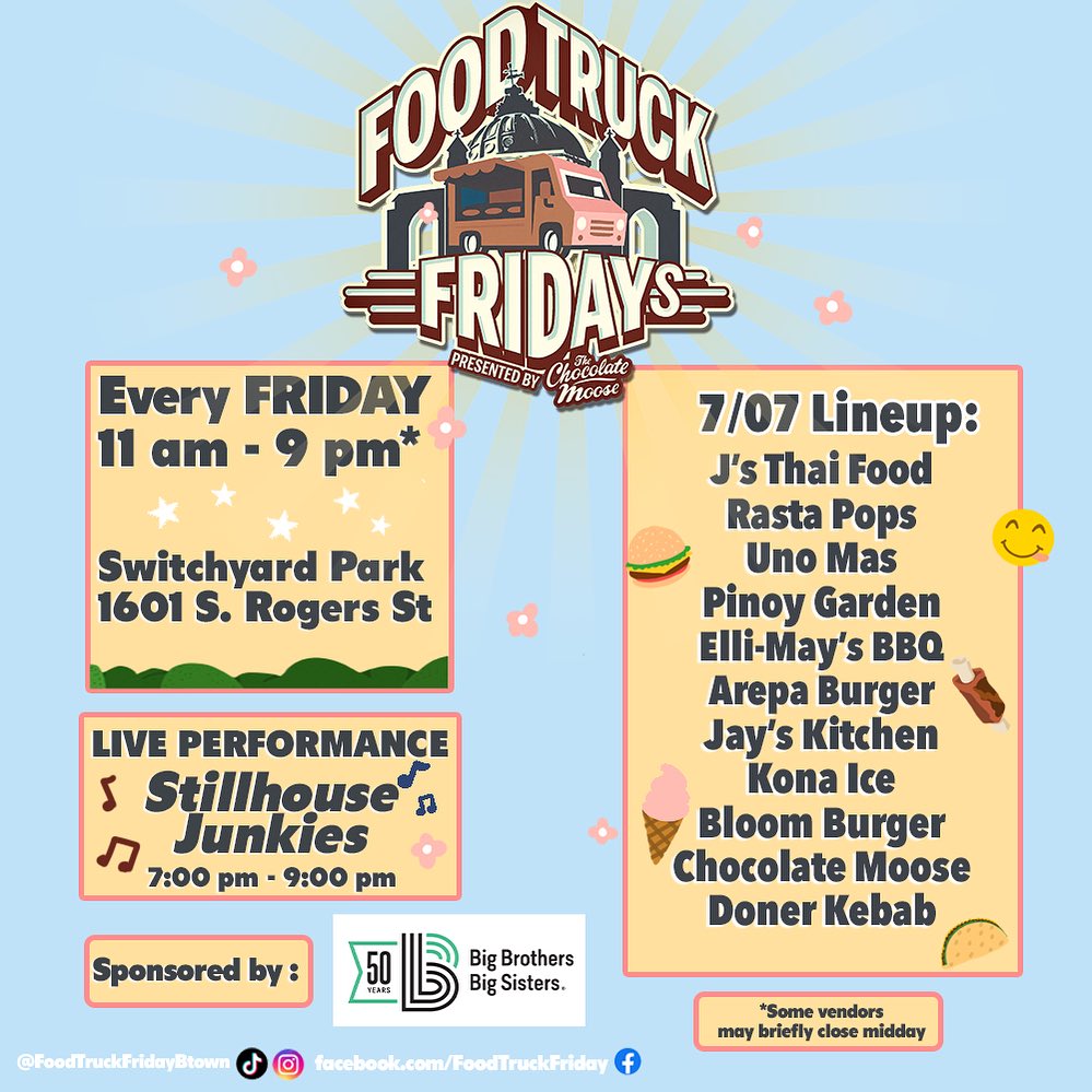 This week we are hosting Food Truck Friday! Tons of great food, and a live musical performance by the Stillhouse Junkies from 7-9pm!  #foodtruckfriday #foodie #switchyardpark #bigbrothersbigsisters