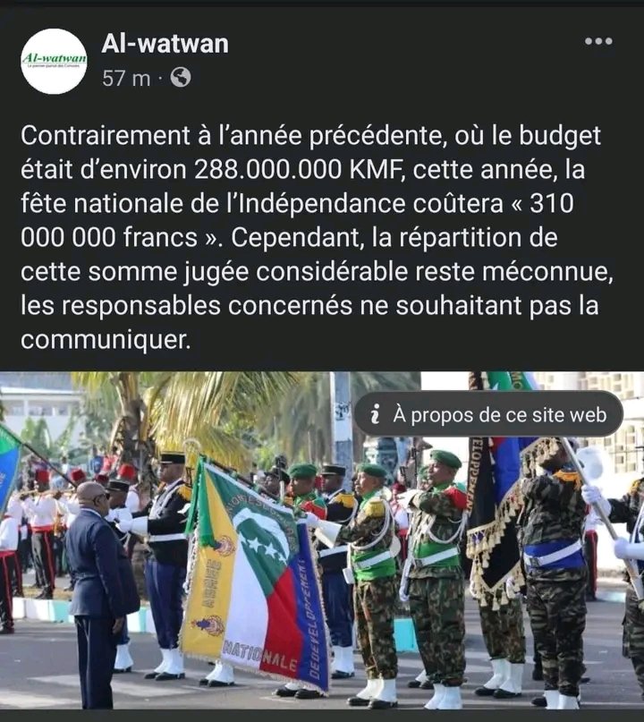 C'est triste 
310 milles KMF pour organiser une fête. Le peuple comorien mérite mieux. 
<a href="/finances_km/">Ministère des Finances du Budget (Comores)</a>