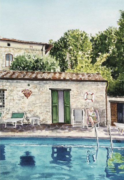 Our poolside paradise 🏖️ How we love this pic of our good friend <a href="/arttrav/">Alexandra M. Korey</a> giving off some serious summer vibes at Querceto ☀️☀️☀️
Take a peak at picture #2 to see the watercolor of this perfect summer time moment by the incredibly talented <a href="/LisaBranc/">This Tuscan Life</a> #pooldays #summertime #estate