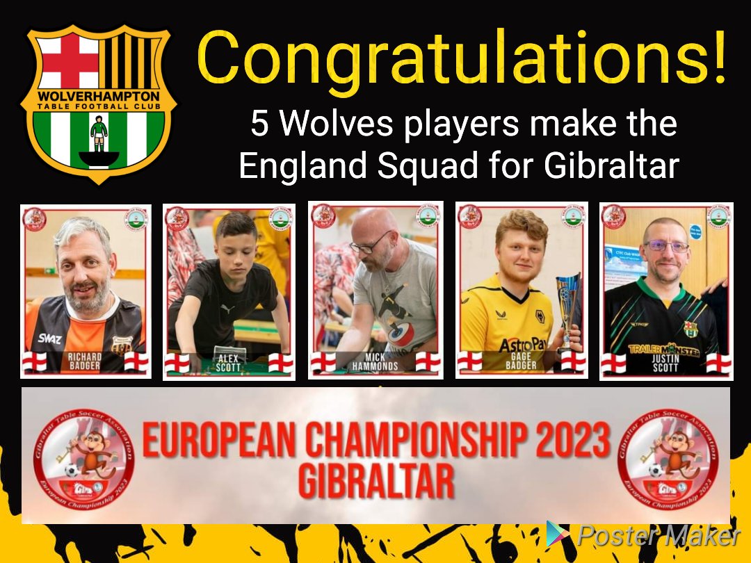 WolvesSubbuteo's tweet image. We are proud to have 5 Wolves players who will be representing England in the European Championships in Gibraltar this September!  

Congratulations to Richard Badger, Alex Scott, Mick Hammonds, Gage Badger and Justin Scott!