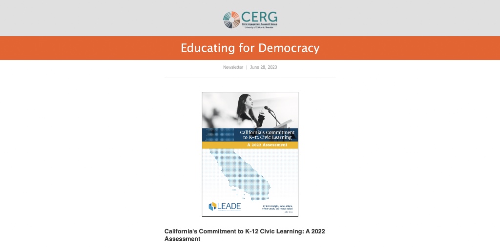 ICYMI - Our June newsletter featured a new report examining CA's progress in supporting the democratic purpose of schools &amp; the State Seal of Civic Engagement. Check it out here: ow.ly/w7qG50P1Mu6 #DemocracyEd #CivicEd #CivicLearning #educators #edchat #sschat #profdev