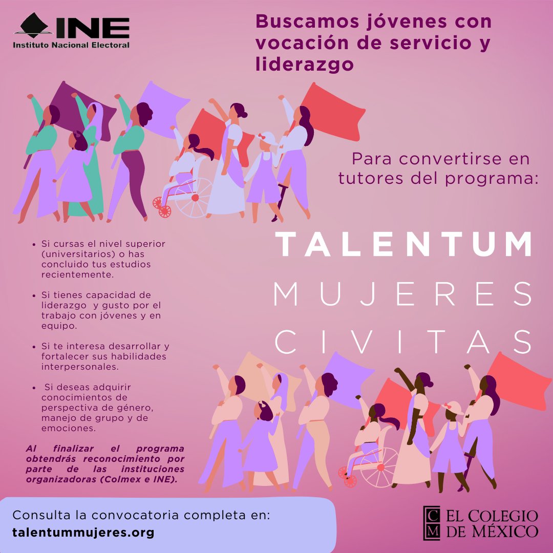 INEYucatan's tweet photo. ¿Eres estudiante universitaria/o acabas de egresar? ¿Te gustaría ser tutor/a de jóvenes de entre 15 y 17 años que quieren convertirse en ciudadanas activas? Únete como tutor a Talentum Mujeres Civitas. Lee la convocatoria completa en  https://t.co/UznqgLpP2s
#TMC23 Hasta el 7/07 https://t.co/u1CEsl6Ig4