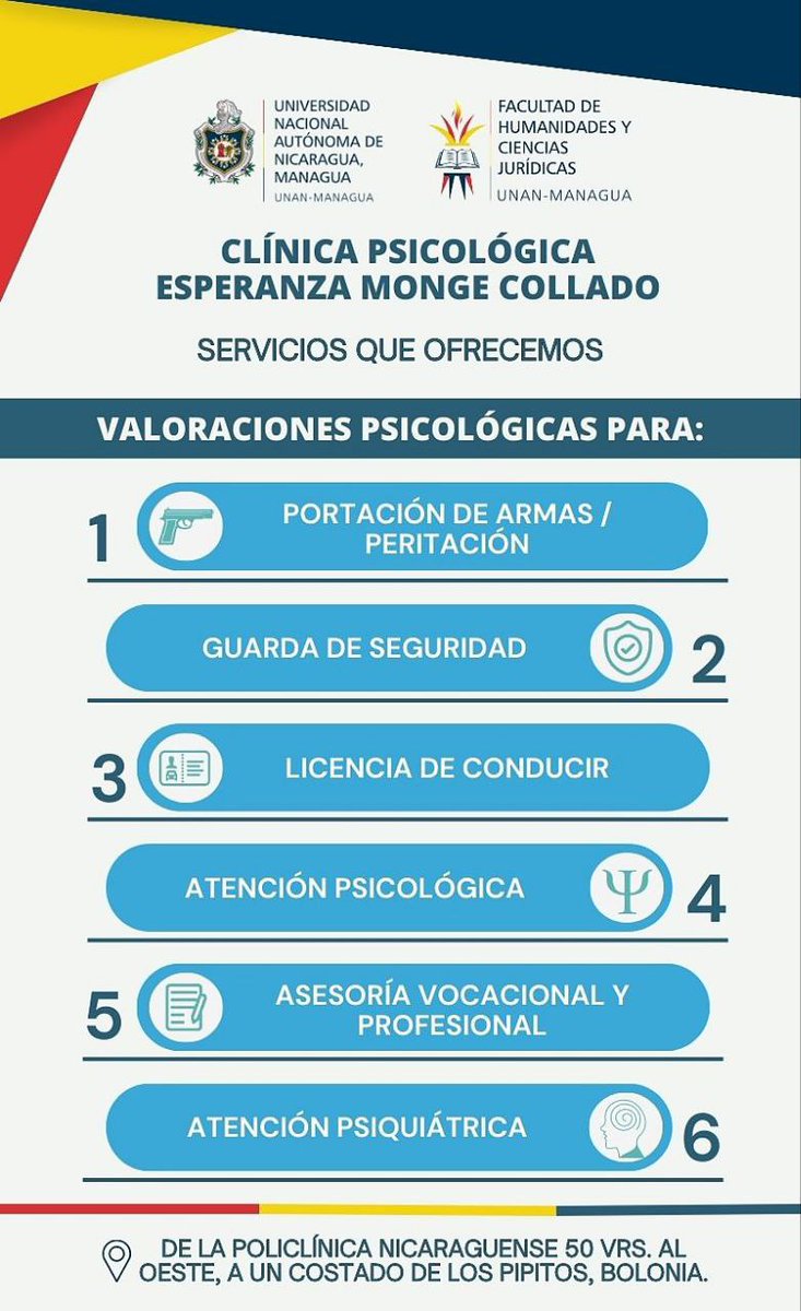 👩‍⚕👨‍⚕ ¿Necesitas valoración psicológica accesible y profesional? Te esperamos en Clínica Psicológica Esperanza Monge Collado.
📌 Policlínica Nicaragüense 50 vrs. al Oeste, Bolonia.
📞 2278 6764 ext. 6230