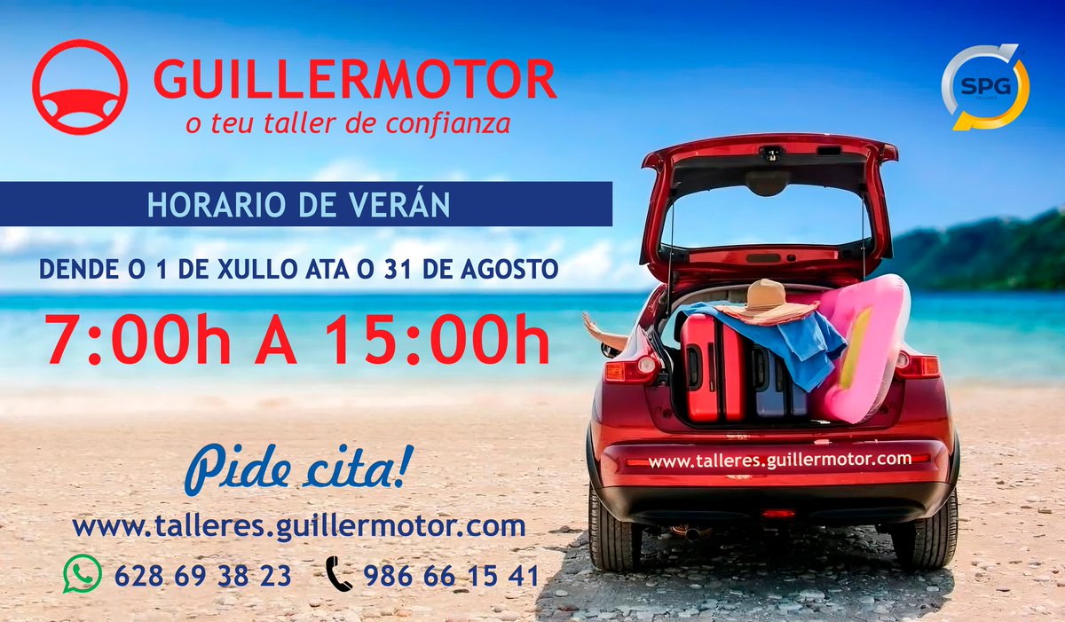 T_GuillerMotor's tweet photo. HORARIO de VERÁN
Dende o 1 de xullo ata o 31 de agosto.
7:00h a 15:00h
Pide cita!
dende a web: https://t.co/acioItdqp6
whatsApp  628 69 38 23 ou telf.: 986 66 15 41
Vémonos na praia!! https://t.co/CdEkoOCnBL