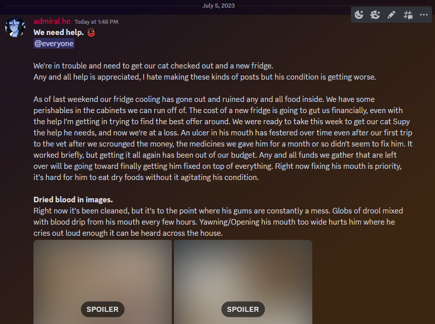 Merfnadian's tweet photo. I made a much larger post about it in my discord. There are links in there for my Cashapp and Paypal. If you want an invite just ask or you can dm me directly here or through discord if you need either.

Any and all help is really appreciated. https://t.co/T2Hvw5E0dJ