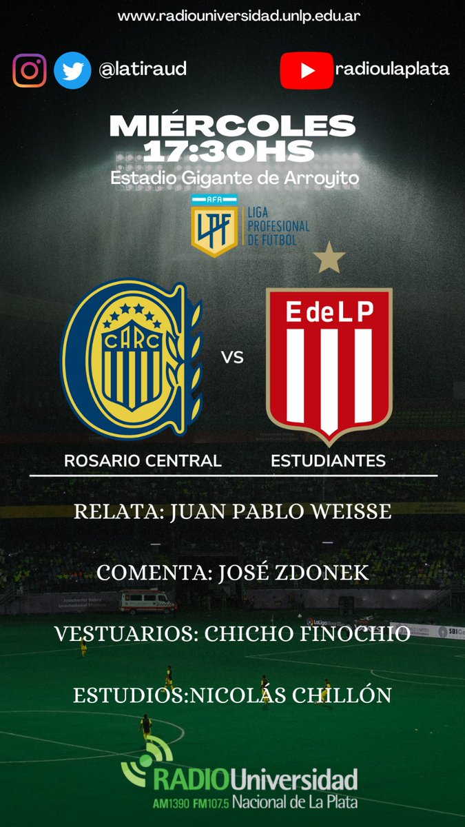 #SentimosElFutbol ⚽️
⏰ 17.30hs

#RosarioCentral 🆚 #EDLP

🎙Relata: <a href="/JWeisse/">Juan Pablo Weisse</a> 
 🗣Comentan:  <a href="/JoseZdonek/">José Manuel Zdonek</a> 

 Junto a <a href="/lucasfinochio/">Chicho Finochio</a> <a href="/nicolaschillon/">Nicolás Chillón Fouquet</a>  y equipo
 
📻 <a href="/radioulaplata/">Radio UNLP</a>
📱 youtube.com/live/aXyWUj6QW…
🌐radiouniversidad.unlp.edu.ar