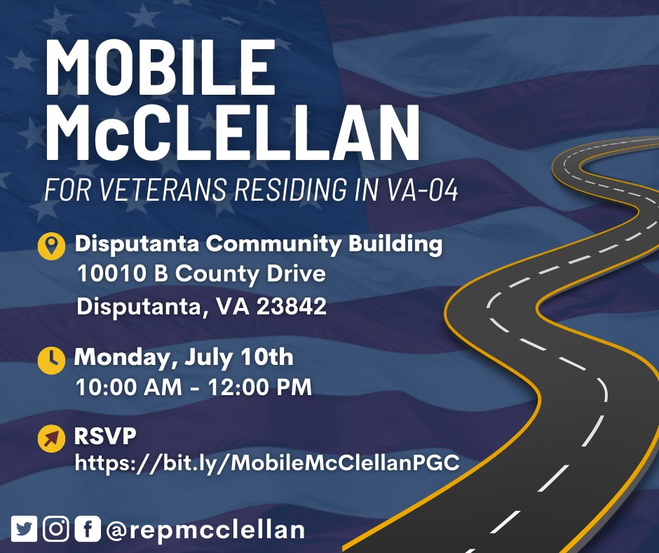 RepMcClellan's tweet photo. If you're a veteran in VA-04 looking for help with a federal agency, join my staff for one-on-one casework assistance during my #MobileMcClellan on Monday, July 10th. @VaVeteransSvcs will also be present to assist you & answer any questions.
RSVP at https://t.co/7PEjeIIfkE. https://t.co/MEJmBJxdVr