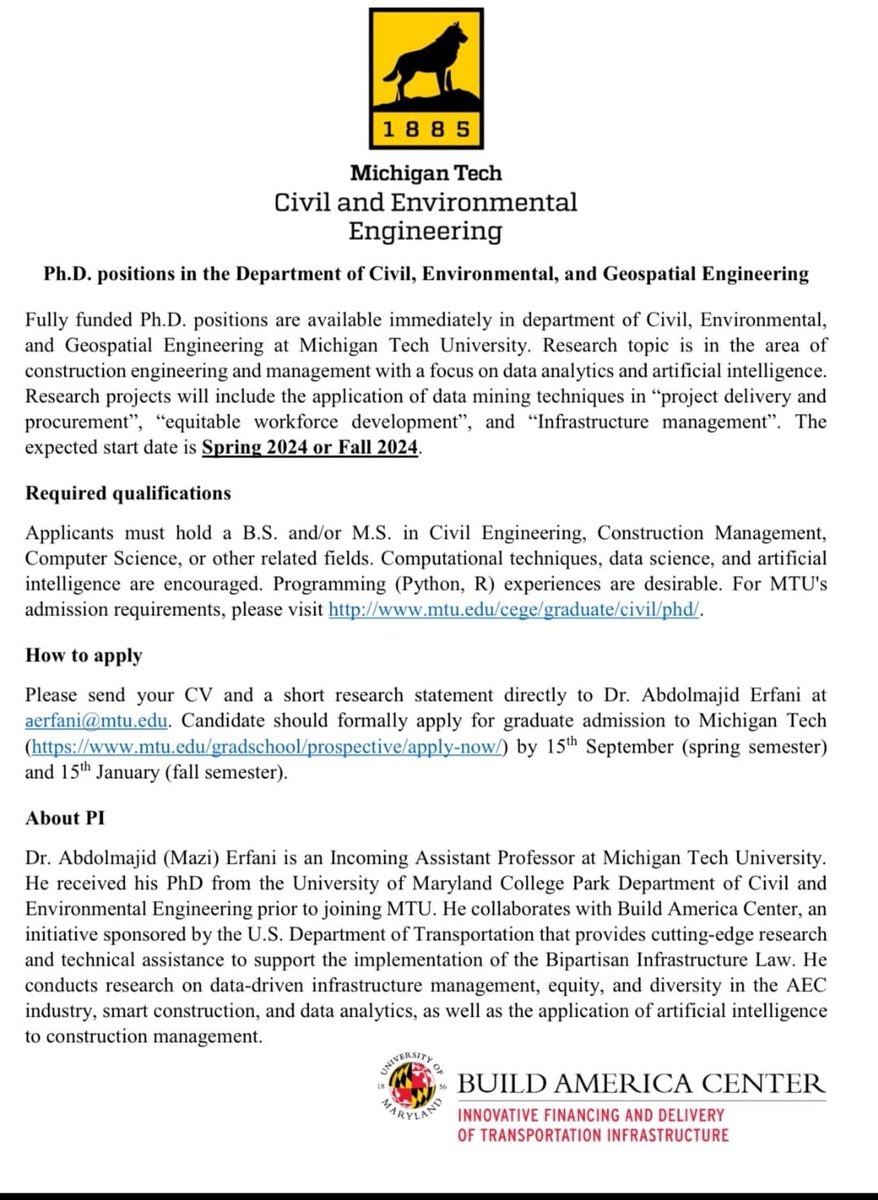 carpharyat's tweet photo. Ph.D. Positions is available in the Department of Civil and Environmental Engineering at Michigan Tech University. Check full details at:
https://t.co/ZgNQsbSR6G
#PhD #Engineering #opportunities #MichiganTechUniversity https://t.co/hKQpLLKvdg