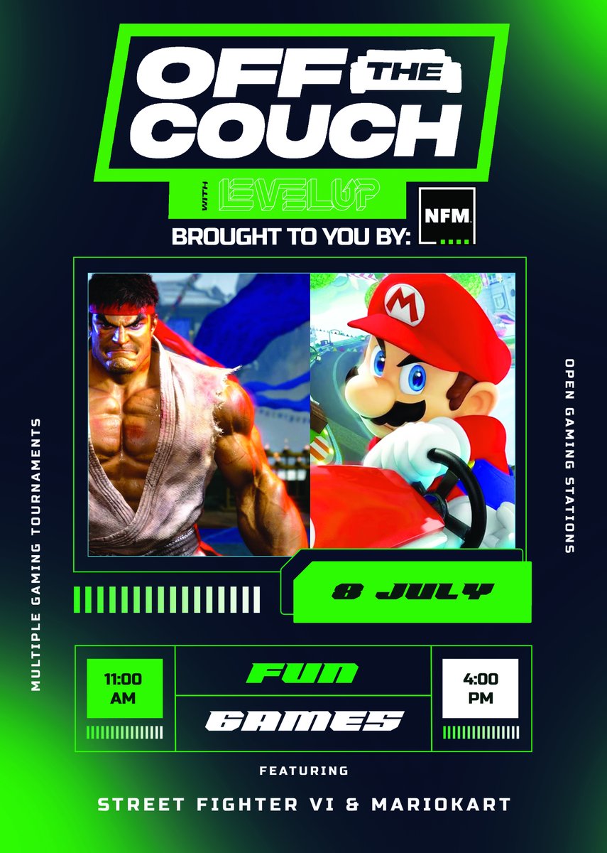 It is time to get Off the Couch... Again! Join us at the @nfmtweets Omaha location for some Mario Kart and Street Fighter action! Get signed up now - bit.ly/44fm1zY