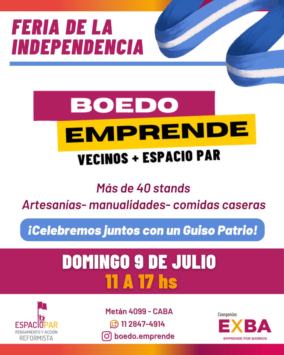 camilovedia's tweet photo. Feria Patria  🇦🇷
Este próximo domingo, 9 de julio, llega la 5ta edición 2023 de #BoedoEmprende, que reúne más de 40 stands de emprendedoras del Barrio de #Boedo.

Gastronomía
Artesanías
Sorteos
Shows Musicales

Te esperamos de 11 a 17hs en @Espacio_PAR (Metán 4099)
#Comuna5 https://t.co/U0KZ9o8PHw