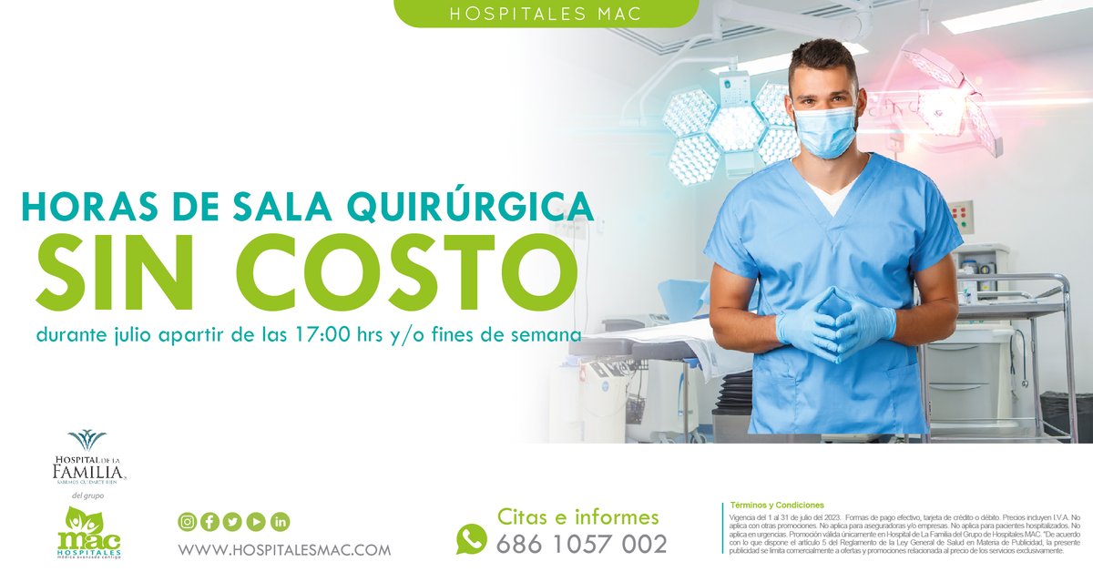 hospitalesmac's tweet photo. #Mexicali | Nuestros #quirófanos SIN COSTO para tus cirugías de lunes a viernes desde las 17:00 hrs. o los fines de semana las 24 hrs.
¡Programa tu cirugía hoy! Envía #WhatsApp al 686 1057 002
#HospitalesMAC #HospitalMAC #Promocion #HospitalDeLaFamilia https://t.co/85ihYMtlcq