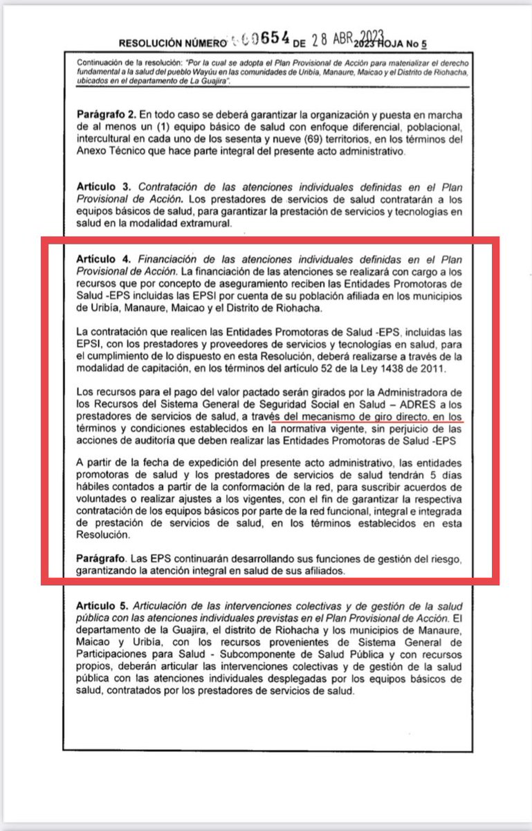 Danielbricen's tweet photo. Sin existir la declaratoria de emergencia la ex ministra Carolina Corcho antes de salir del Ministerio expidió esta resolución donde crea un plan provisional de salud en La Guajira.

Por resolución se estableció el GIRO DIRECTO desde el ADRES a los prestadores de salud.

(1/2) https://t.co/58FyZXFD27