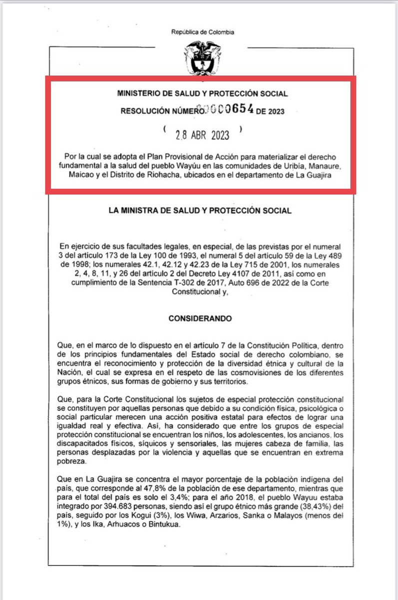 Danielbricen's tweet photo. Sin existir la declaratoria de emergencia la ex ministra Carolina Corcho antes de salir del Ministerio expidió esta resolución donde crea un plan provisional de salud en La Guajira.

Por resolución se estableció el GIRO DIRECTO desde el ADRES a los prestadores de salud.

(1/2) https://t.co/58FyZXFD27