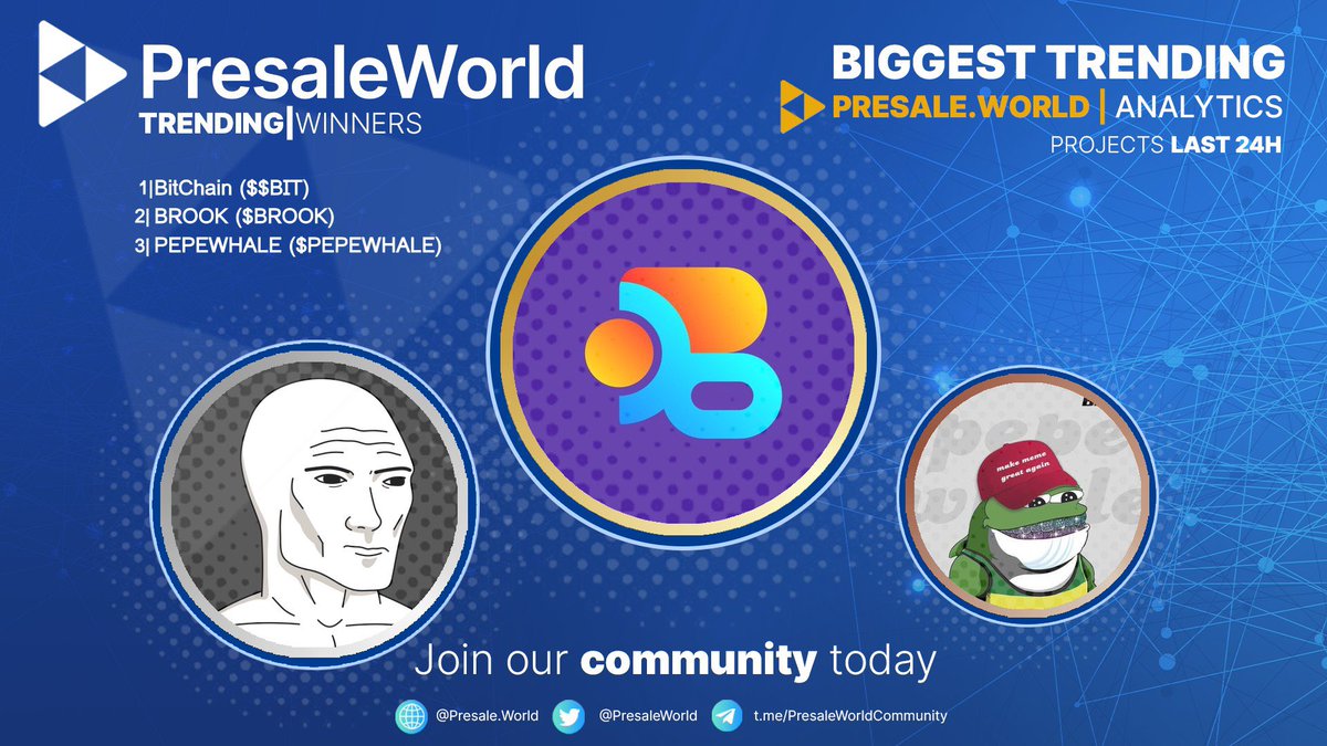 PresaleWorld's tweet photo. Trending on https://t.co/dzdi953zRQ!

1. BitChain • @BitChainGlobal
2. BROOK • @Brook_Erc
3. PEPEWHALE • @xPEPEwhale
4. Racearth • @racearth
5. BROWN • @BROWN_ERC20

See all the top trending presales from across the market at https://t.co/kRd2UGVASa

#crypto #cryptocurrency #presaleworld $PW 🌎💙