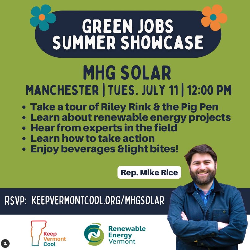 Solar is a great way to save $$, save the climate, & build our economy.

Come check out the awesome arrays at the Riley Rink & a former gravel pit in Manchester on Tuesday!
 
We'll be joined by climate champion Rep @mikericevt & the @KeepVermontCool team! keepvermontcool.org/MHGsolar