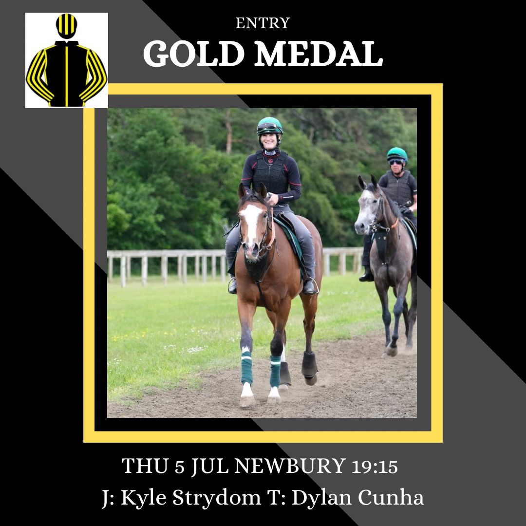 QThoroughbreds's tweet photo. GOLD MEDAL heads to @NewburyRacing tomorrow evening, stepping up to 7F for his first start on turf since being bought for Quest. @KyleStrydom01 takes the ride for @dylancunha_uk. 💫🏇 https://t.co/DQ8eH33EZt
