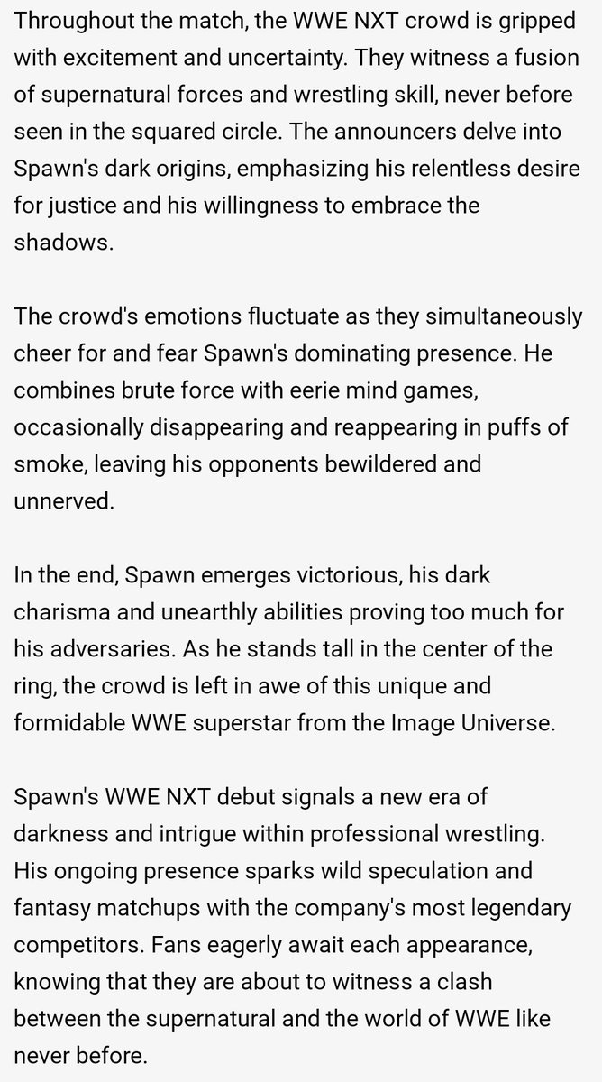 Here's what it would be like if #Spawn from the #ImageUniverse were to make a big #WWE debut on #WWENXT. #ChatGPT