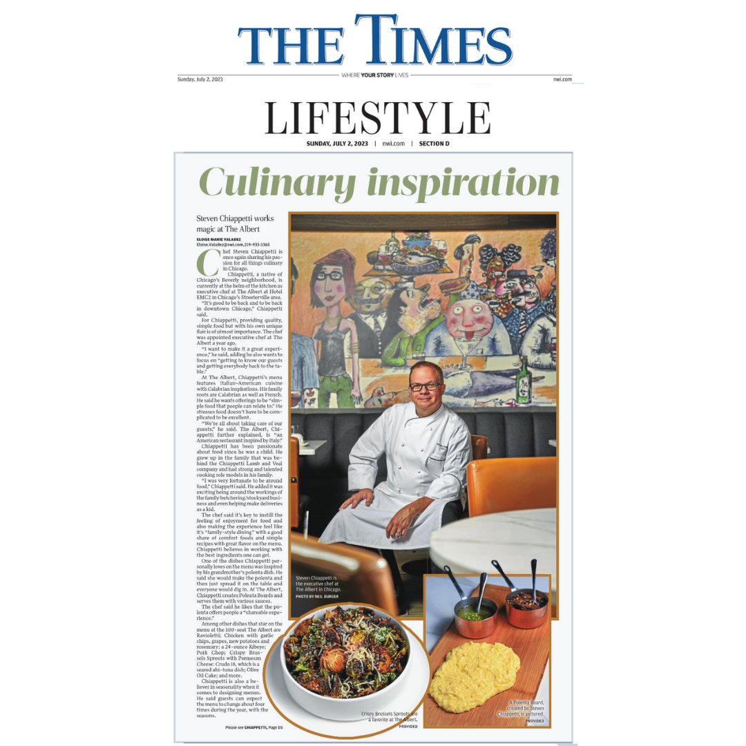 JanetIsabelli's tweet photo. A big thanks to @nwi_EloiseV for a stunning feature in @nwi profiling Chef Steve Chiappetti's magic touch at the Albert Chicago. Read about it at the link below, or enjoy this clip from the Sunday print edition! @hotelemc2  

https://t.co/MVm3mOkmyf https://t.co/05ILhB9IYO