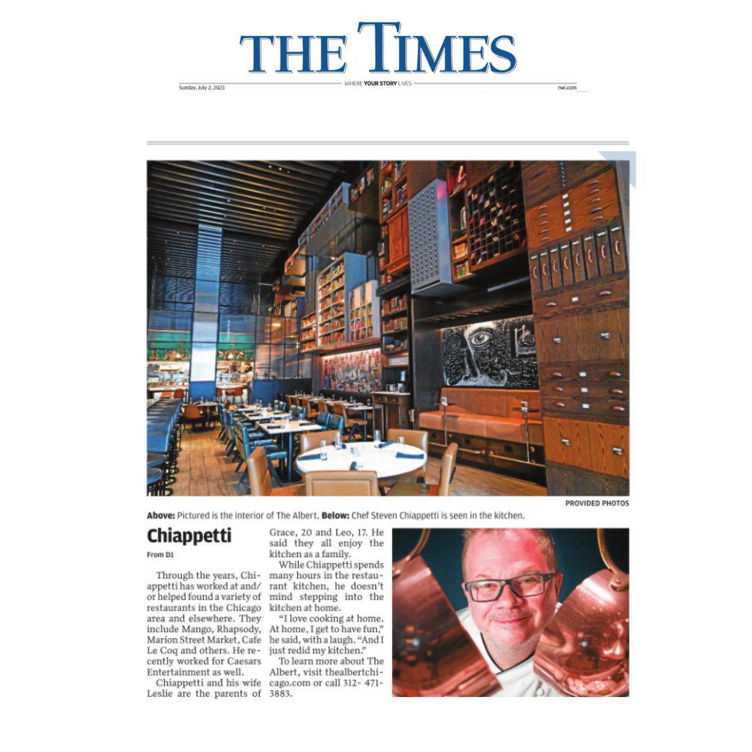 JanetIsabelli's tweet photo. A big thanks to @nwi_EloiseV for a stunning feature in @nwi profiling Chef Steve Chiappetti's magic touch at the Albert Chicago. Read about it at the link below, or enjoy this clip from the Sunday print edition! @hotelemc2  

https://t.co/MVm3mOkmyf https://t.co/05ILhB9IYO