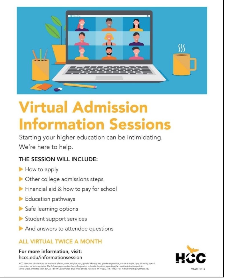 education &amp; career pathways, and several other student support services. For more info, visit hccs.edu/informationses…