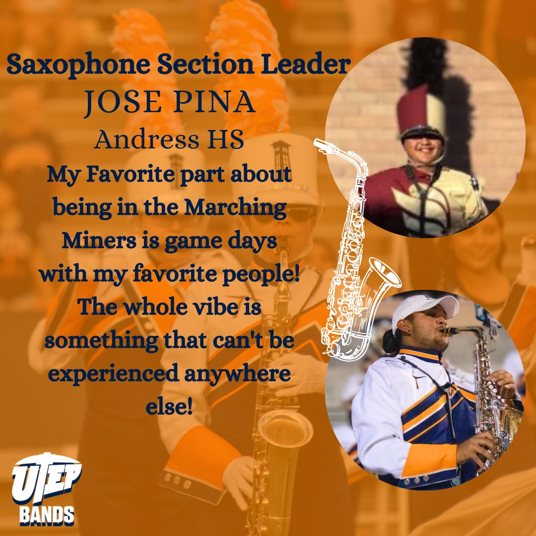 UTEPBands's tweet photo. PSA: UTEP Bands is so very pleased to present to you your 2023 Saxophone Section Leaders! Wanna be a part of one of the largest sections in the band? Click the link in our bio to register, TODAY!! We can’t wait to have you!! 😎😏🎷⛏️⬆️🤙🏽 #SexySaxes #UTEPBands #Miners https://t.co/5glfZ4PkUz