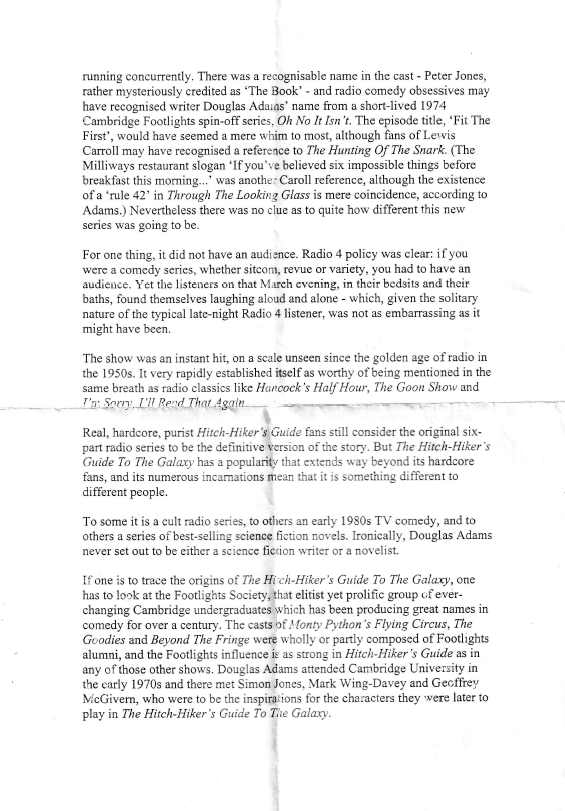 mjsimpsonfilms's tweet photo. 23 years ago, for @ZZ9official's 20th anniversary party, I distributed 42 copies of a signed extract from The Pocket Essential HHGG. It was just a double-sided sheet of A4 text. How many still survive, I wonder? https://t.co/LXmoUhYp50