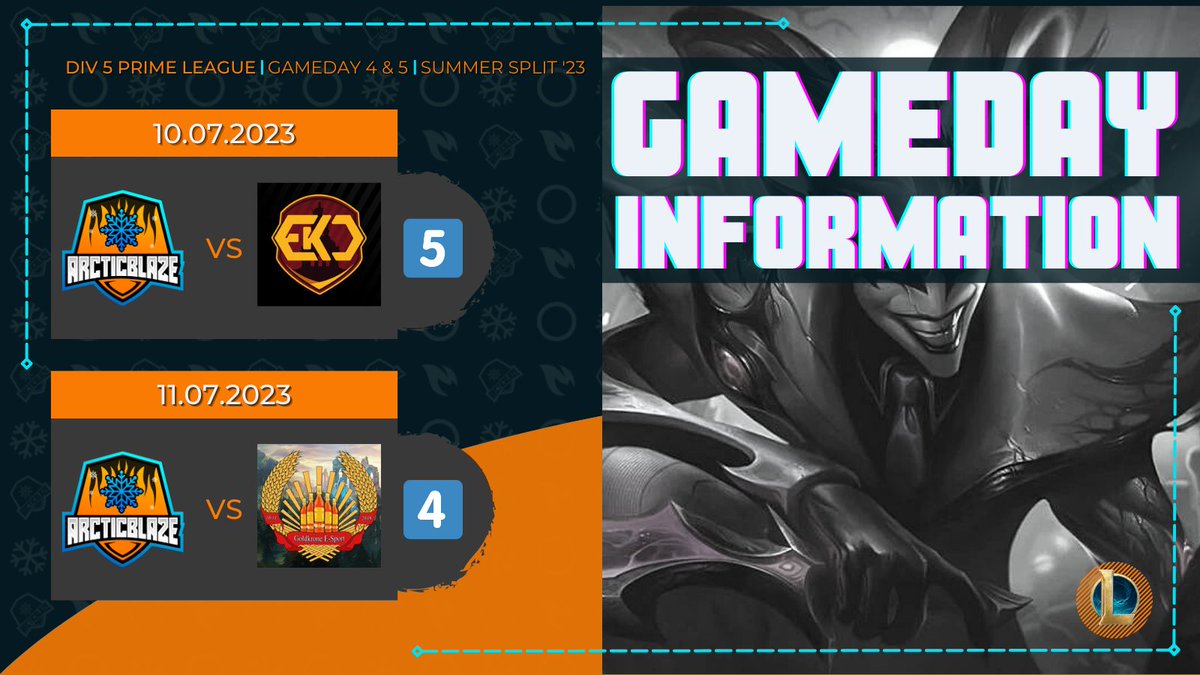 TeamArcticblaze's tweet photo. ❄️ PMR Gameday Information 🔥

In the next two days we will play our games from week 4 and 5 in #primeleague.

Gameday 5️⃣ 🆚 EKO Tryants (@esports_koblenz) ❇️ 10.07.23 19:00

Gameday 4️⃣ 🆚 Goldkrone E-Sports (@gkrneesport) ❇️ 11.07.23 19:00 https://t.co/FsVZkIy7Fh