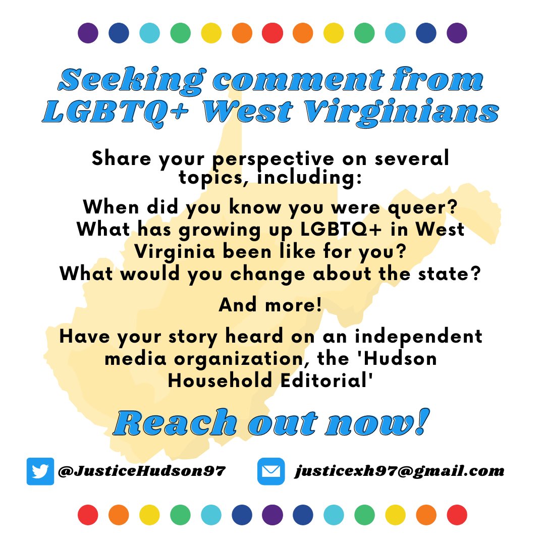 Hey friends! I am looking for 10 LGBTQ+ West Virginians to take part in my latest audio project. 

Interviews will take place the third and fourth week of July. 

If you’re interested please reach out via Twitter DMs or email! 💛