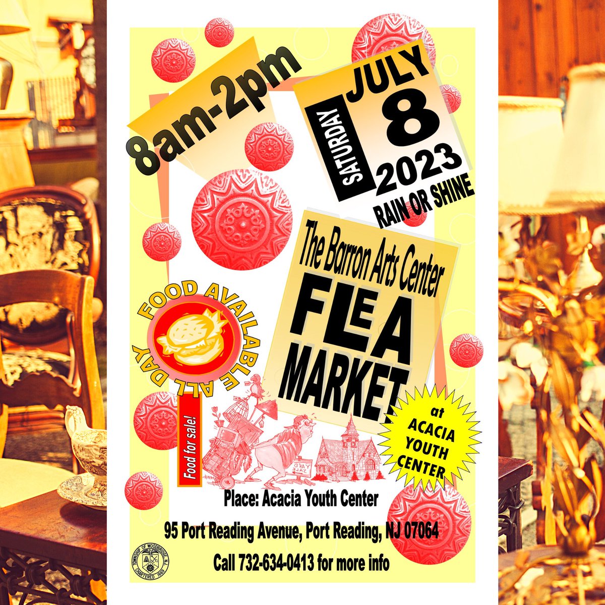 The Barron Arts Center Annual Outdoor Flea Market
July 8, 2023 ~ 8am-2pm
RAIN OR SHINE!

This year located at Acacia Youth Center,
95 Port Reading Avenue, Port Reading NJ 07064. Benefits the Woodbridge Township Cultural Arts Commission and future programming at the BAC.