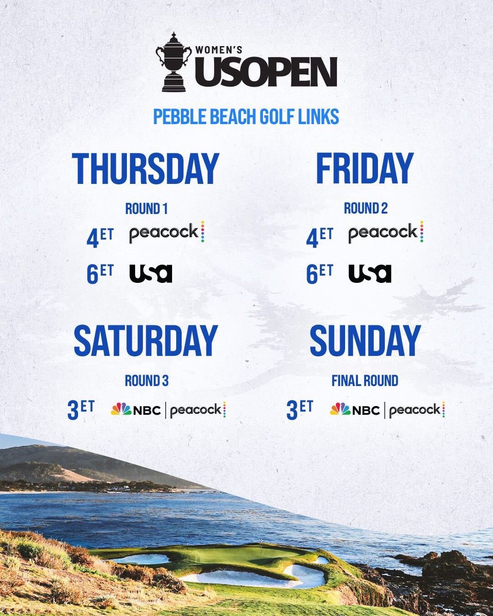 Watch the @uswomensopen all week long on @USANetwork, @peacock, and @NBCSports! (All times EDT)
Thur 7/6:
4-6 pm (Peacock), 6-11 pm (USA/Peacock)
Fri 7/7:
4-6 pm (Peacock), 6-11 pm (USA/Peacock)
Sat 7/8:
3-9 pm (NBC/Peacock)
Sun 7/9:
3-9 pm (NBC/Peacock) https://t.co/A2YvI42ol1