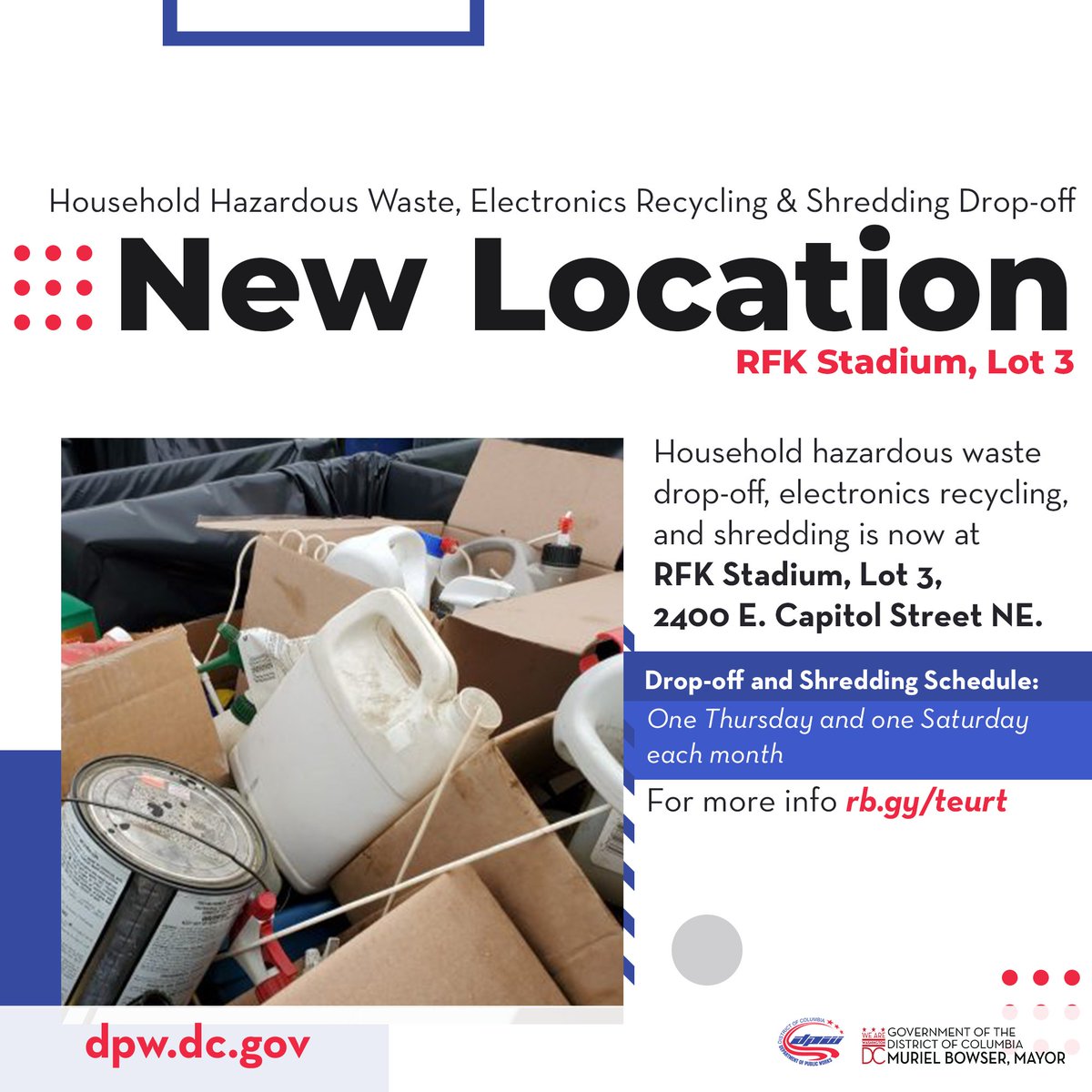 ZeroWasteDC (@dczerowaste) on Twitter photo Broken cell phone? Old TV? Batteries that stopped holding their charge? Other unwanted electronics? 📠📱🖨️
Bring them this Saturday, July 8th to be recycled at <a href="/DCDPW/">DC Department of Public Works</a>'s Special Waste Collection Event (RFK Lot 3, 7am-2pm). Broken cell phone? Old TV? Batteries that stopped holding their charge? Other unwanted electronics? 📠📱🖨️
Bring them this Saturday, July 8th to be recycled at <a href="/DCDPW/">DC Department of Public Works</a>'s Special Waste Collection Event (RFK Lot 3, 7am-2pm).