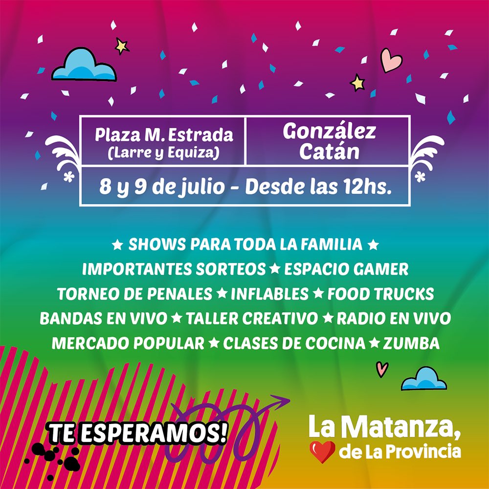 FerEspinozaOK's tweet photo. ¡Vuelve #ExperienciaMTZ para festejar un 9 de julio con todo! 🔥

Vení a sentir todas las emociones en un mismo lugar, todo con ADN 100% matancero.

¿Cuándo y dónde?
📆 8 y 9 de julio
📍 Plaza M. Estrada, Larre y Equiza, González Catán.
🕓 Desde las 12h

¡Las y los esperamos! https://t.co/sHcFXOot9D