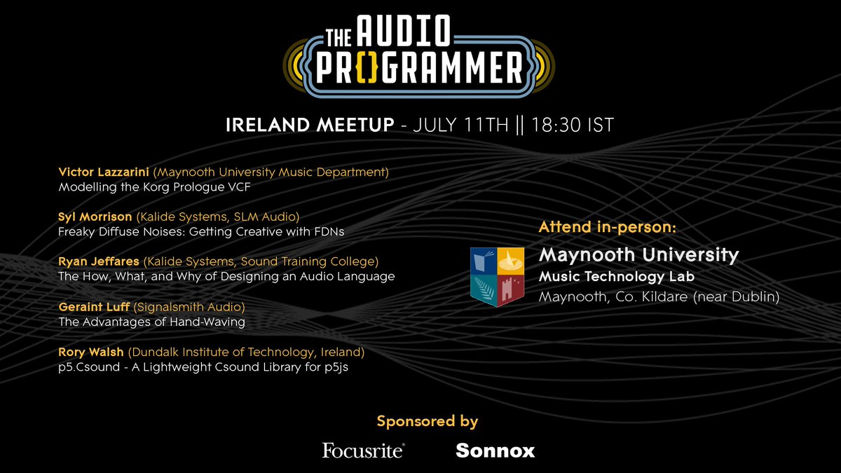 audioprogrammer's tweet image. If you're in Ireland and interested in audio software development, we hope you can join us for our next Audio Programmer Meetup at Maynooth University!
We have talks for all experience levels, whether you're just getting started or active in the industry as a developer!
We will…