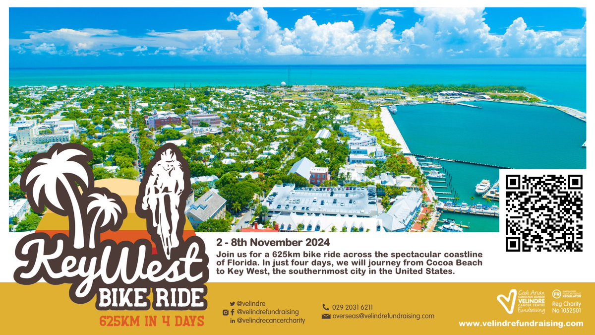 Velindre's tweet photo. Introducing Velindre's 6th North American bike challenge... Key West 2024 🌴

This 625km ride over four days will take participants from Cocoa Beach to Key West, the southernmost city in the United States.

Interested? Read more and register here ⬇️
https://t.co/jnfply8usv https://t.co/aLrXAhk6zt