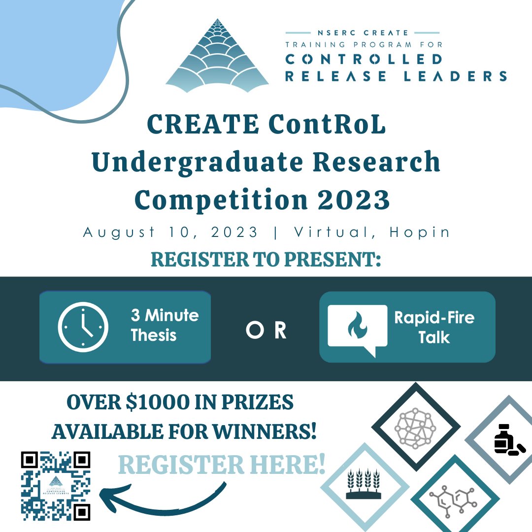 If you're an undergraduate student at ANY Canadian university conducting research in pharmaceutical sciences, polymer science &amp; engineering, nanotechnology, or food &amp; agricultural sciences, this is for you! Register to compete in a 3MT or Rapid Fire Talk!
Check the details below: