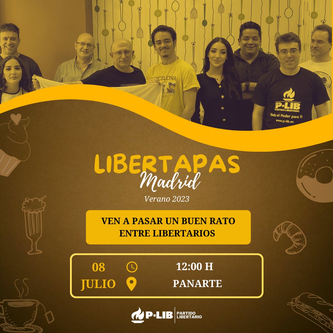 🔥LiberTapas Madrid🔥

¡Hablemos de Libertad!😉

🗓️ Sábado 08 de Julio - 12:00h
📌 PanArte
🛣️ Paseo de las Delicias 68, Madrid - maps.app.goo.gl/eXkSvGpEWasbCo…

¡Ven a pasar el día con la comunidad libertaria del Partido Libertario!
💛 t.me/PartidoLiberta…