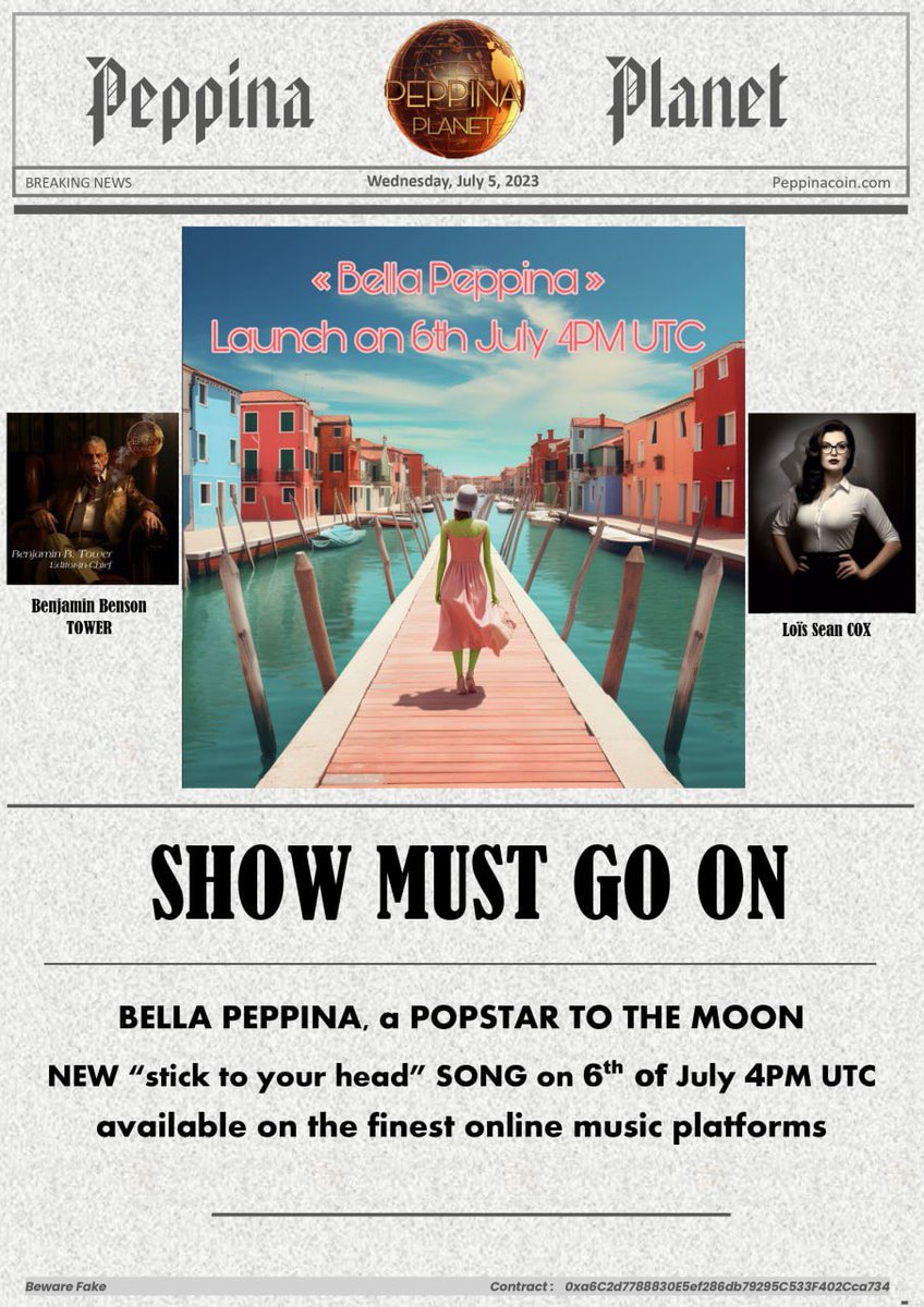 peppinacoin's tweet photo. PEPPINA PLANET
🐸💋📰🌎

Breaking News this Wednesday 5July 2023 🔥

♥️🎶💋

#PEPPINA 🪙 $PPNA
#PEPPINAARMY 
#CRYPTOMEMESINGER https://t.co/MH9bW9FB0o