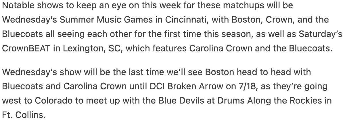 Tonight, <a href="/bostoncrusaders/">Boston Crusaders</a>, <a href="/Bluecoats/">Bluecoats</a>, and <a href="/CarolinaCrown/">Carolina Crown</a> go head to head to head for the first time this #DCI2023 season, and the only time until 7/18. Keep your eyes on this matchup. If you can't make it to Mason, watch it on <a href="/FloMarching/">FloMarching</a>! More #dci coverage on <a href="/GenEffectMedia/">General Effect Media</a>.