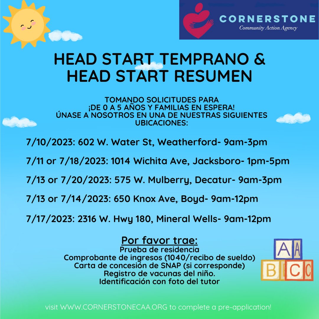 It's time for Early Head Start and Head Start Round Up! Please view the flier for times, dates, locations, and what to bring. For more information and to complete a pre-application, visit: cornerstonecaa.org!