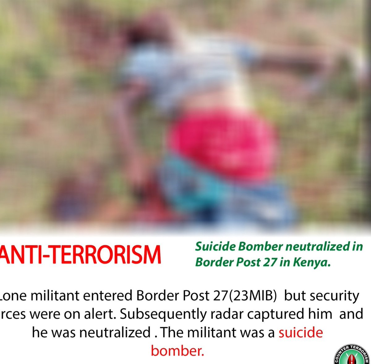 #KDF soldiers killed #AlShabaab suicide bomber who attempted to attack their camp at Sarira in #Lamu County. The hawk-eyed soldiers had earlier brought down a drone belonging to the terrorist group which was on surveilling the camp. #ActionCountersTerrorism @HonAdenDuale