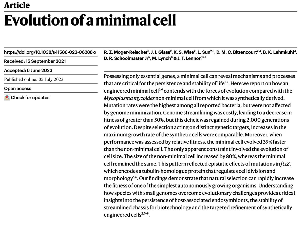 A mind-blowing paper has come out today in @Nature In 2016, JC Venter Institute scientists trimmed a bacterial genome to its barest minimum required for life to synthesize what they called a 'minimal genome' (science.org/doi/10.1126/sc…). Today, a group of scientists from…