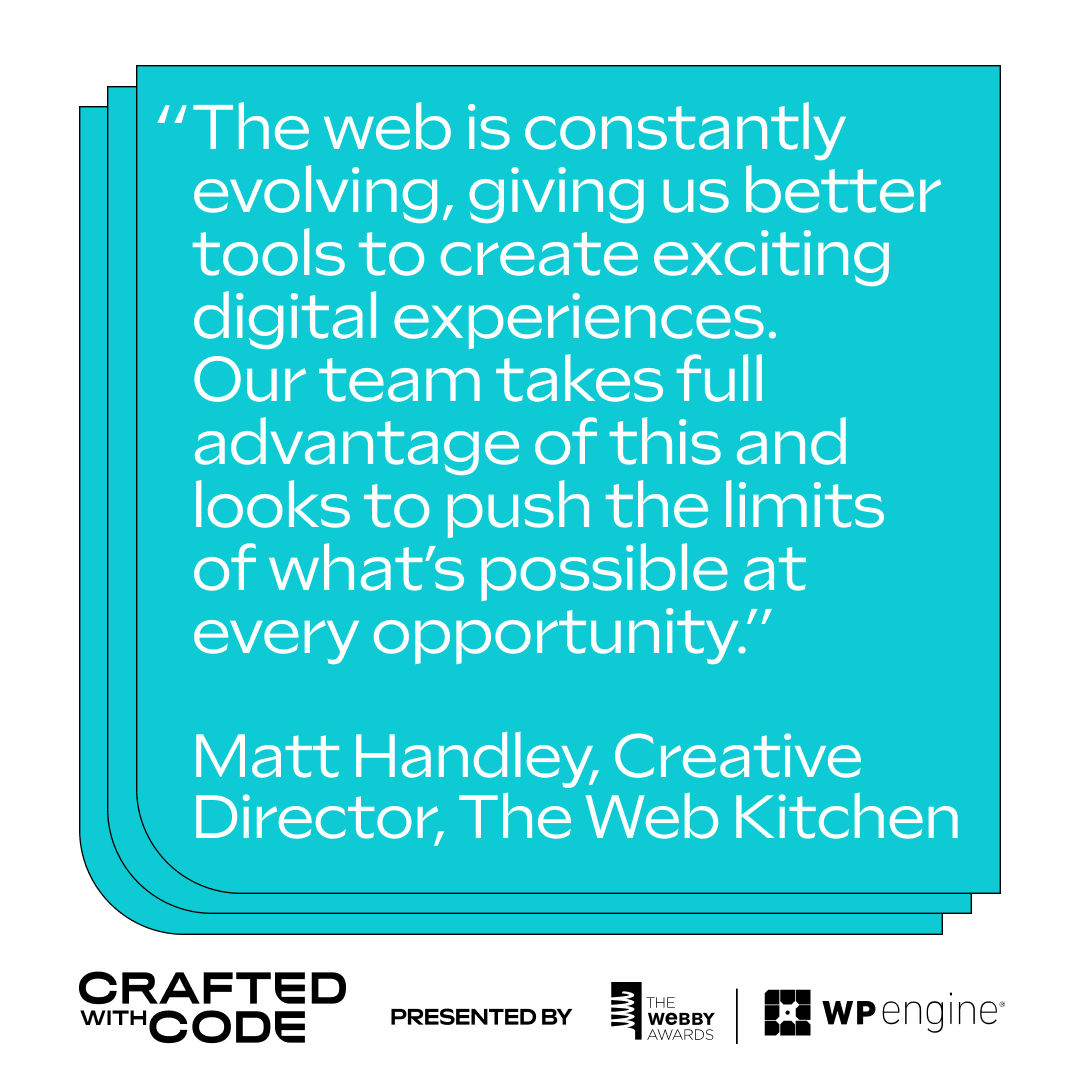 TheWebbyAwards's tweet image. In the #CraftedWithCode showcase, presented with @wpengine, we went behind the scenes with @twkmedia to learn about the making of the Webby-winning @WellingtonUK site — built on #WordPress, powered by WP Engine!

Explore the story behind the site: wbby.co/3rhFzVJ