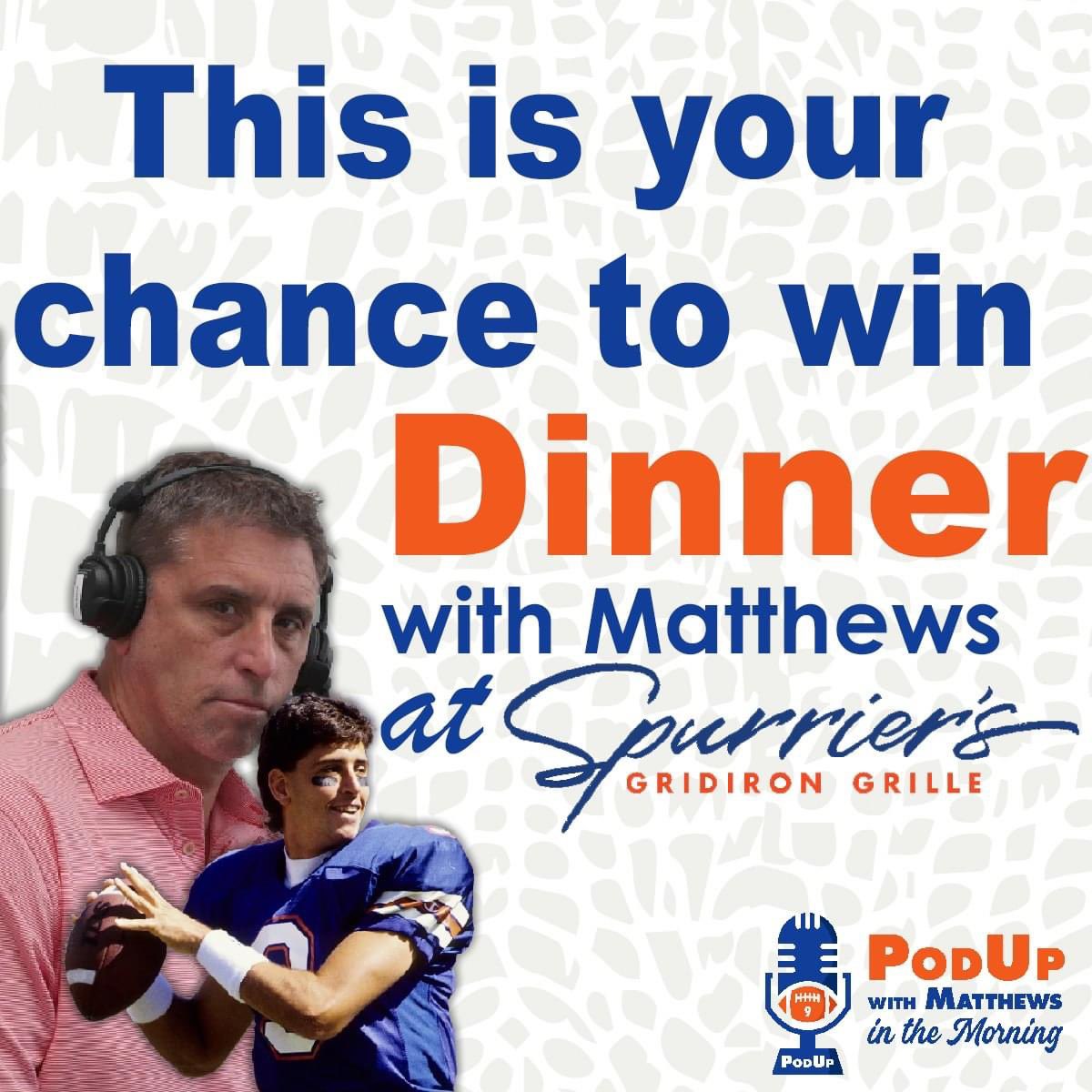 MatthewsMorning's tweet image. Want to have dinner with Gator Great, @GatorsFB Color Analyst, &amp;amp; podcaster extraordinaire @SMniner ?

You &amp;amp; a friend get dinner with our host at the HBC’s @SpurriersGG 

To enter:

1. Follow our page
2. Retweet with the name of the Gator fan you’re going to bring with you!